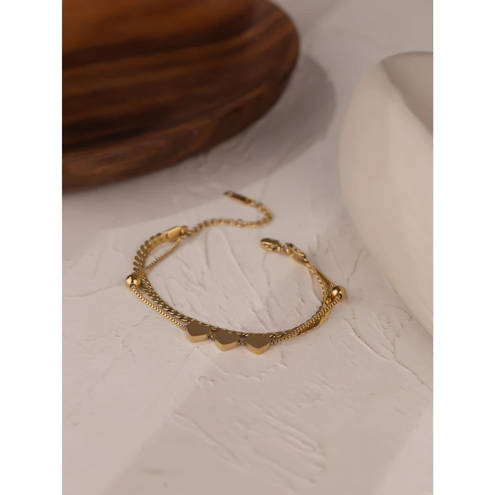 Romantic Heart Stainless Steel Bracelet for Women Charm Gold Color Snake Chain Layered Bracelet Jewelry Girlfriend Gift