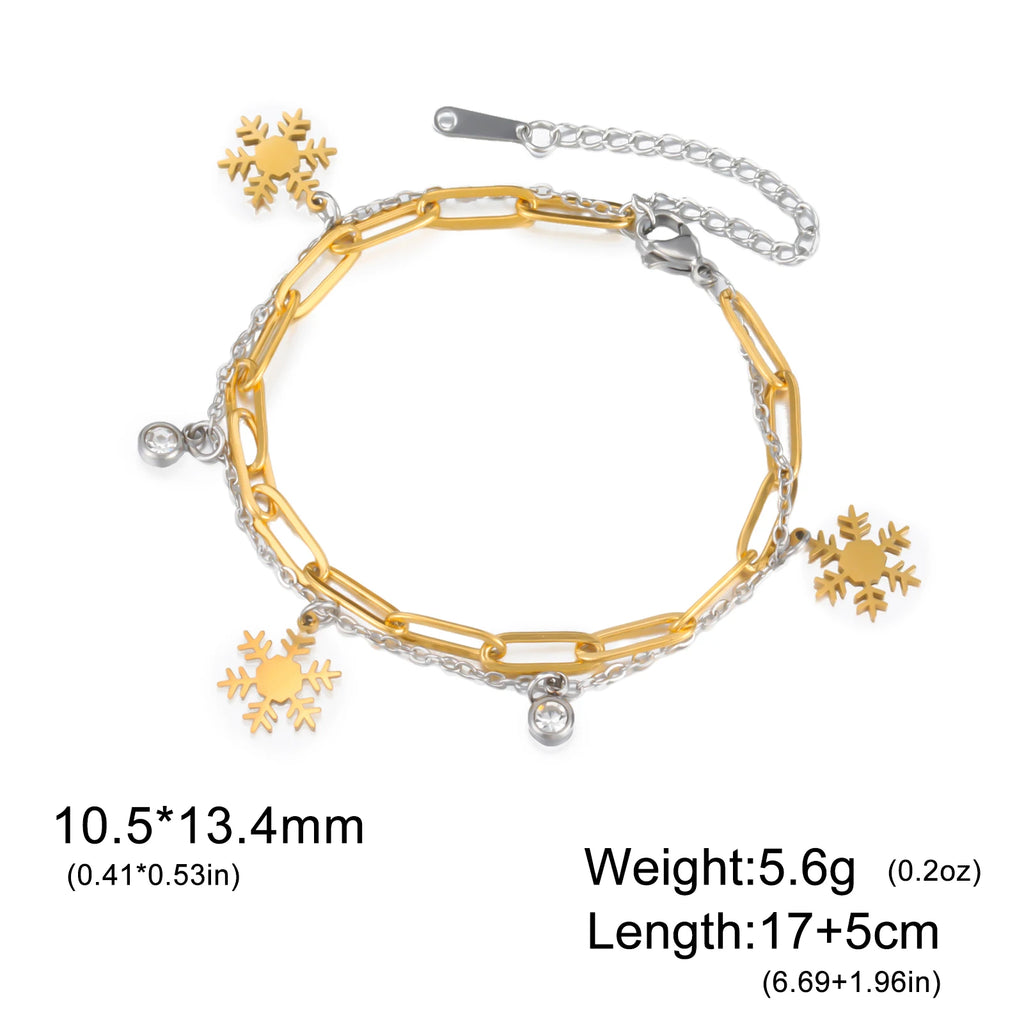 Crystal Snowflake Charms Bracelet for Women Stainless Steel Gold Plated Paperclip Chain Birthday Winter Couple Jewelry Gift