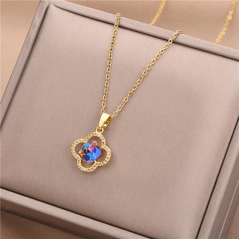 New in Light Luxury Zircon Crystal Stainless Steel Necklaces for Women Korean Fashion Sweet Sexy Female Clavicle Chain Jewelry