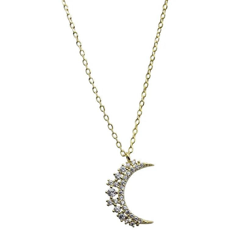 925 Sterling Silver Pavé Crystal Moon Pendant 14K Gold Plating Clavicle Chain Necklace Women Simple Temperament Wedding Jewelry