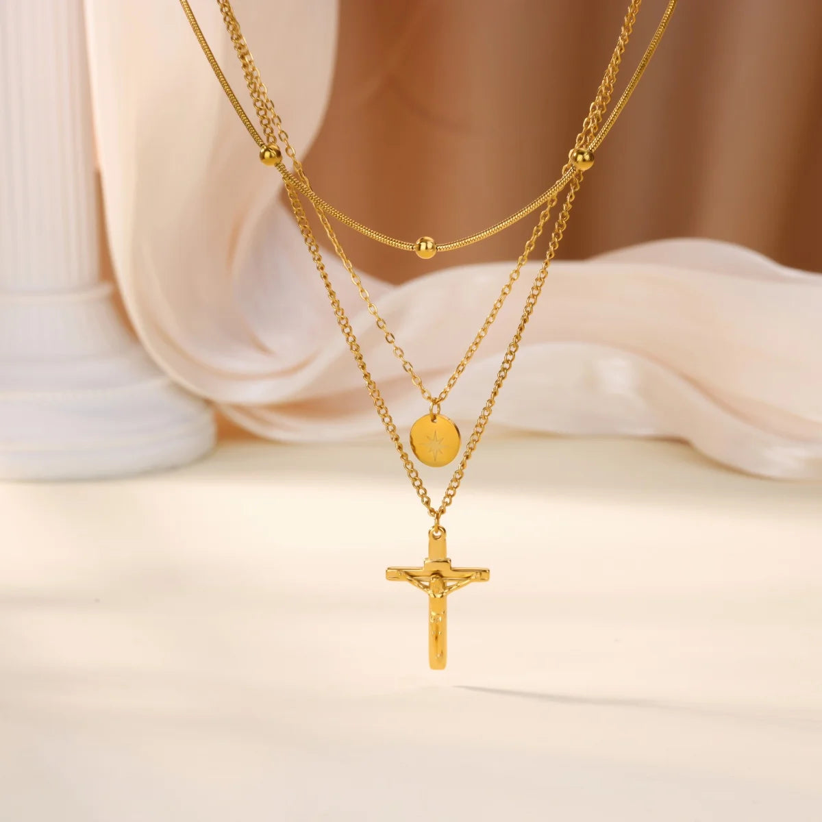 Stainless Steel Cross Star Moon Pendant Multilayer Chain Choker Necklace for Women Trendy Wedding Party Jewerly Accessories