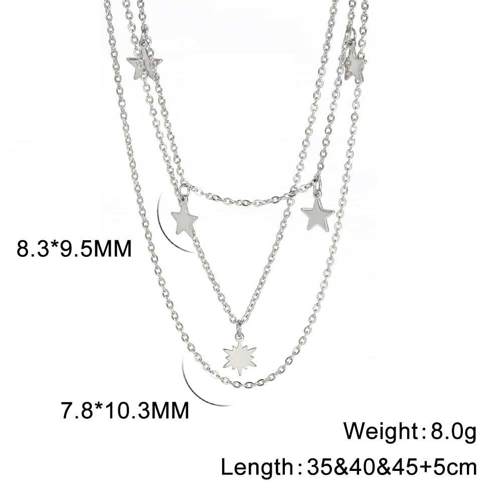 Star Pendant Necklace for Women Silver Color Stainless Steel Three Layer Chain Collars Elegant Fashion Jewelry Accessories