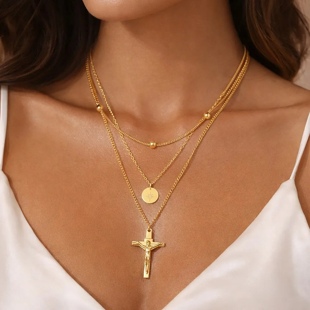 Stainless Steel Cross Star Moon Pendant Multilayer Chain Choker Necklace for Women Trendy Wedding Party Jewerly Accessories