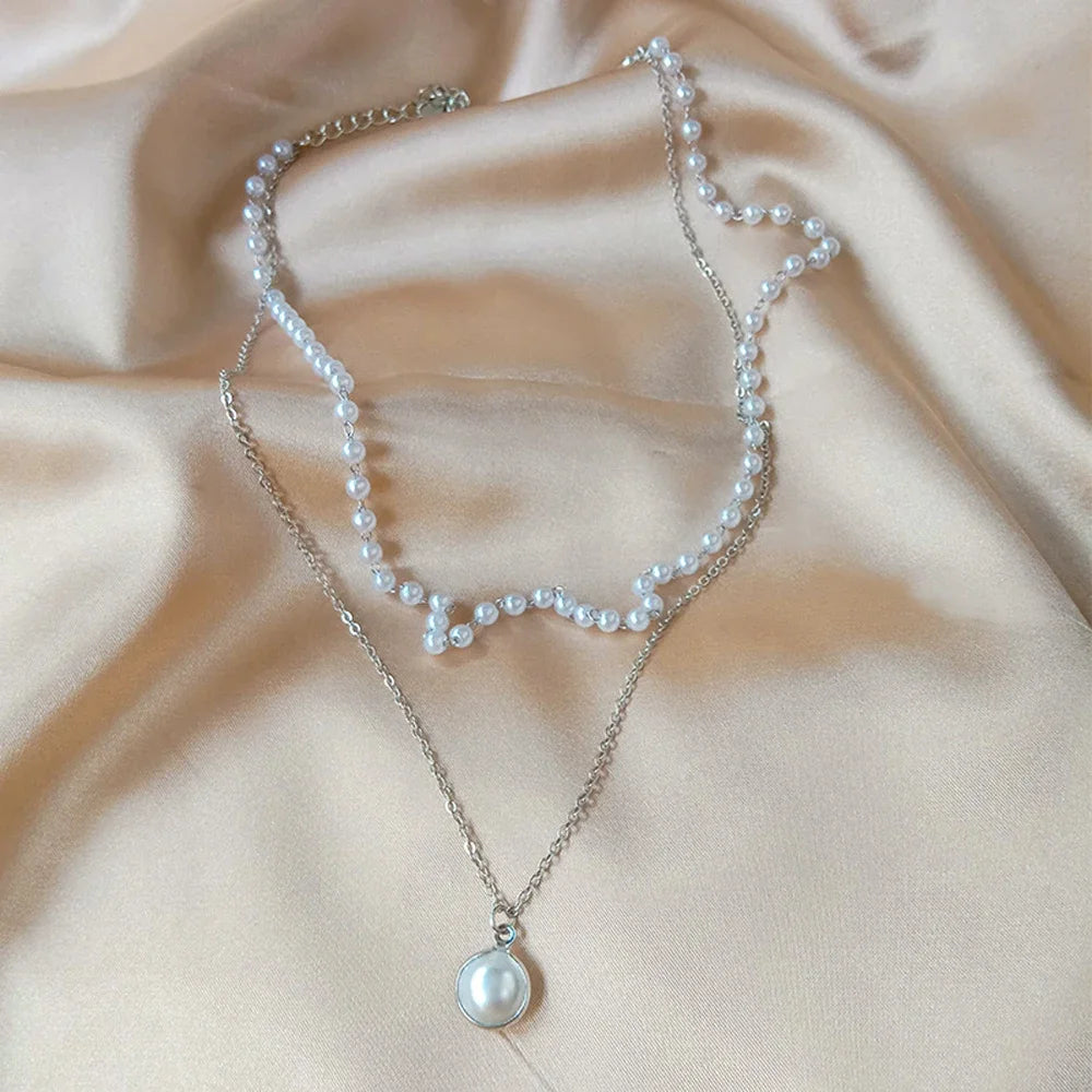 2024 New Fashion Kpop Pearl Choker Necklace Cute Double Layer Chain Pendant for Women Jewelry Girl Gift