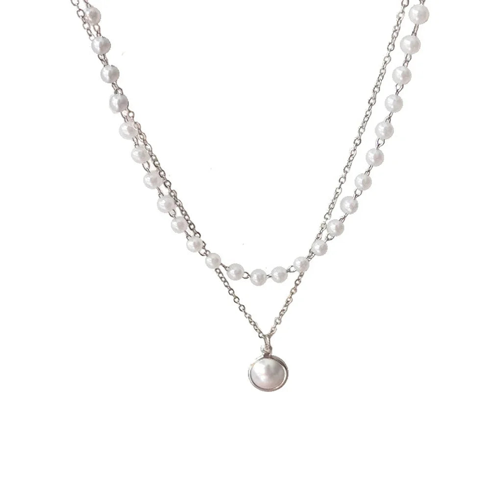 2024 New Fashion Kpop Pearl Choker Necklace Cute Double Layer Chain Pendant for Women Jewelry Girl Gift