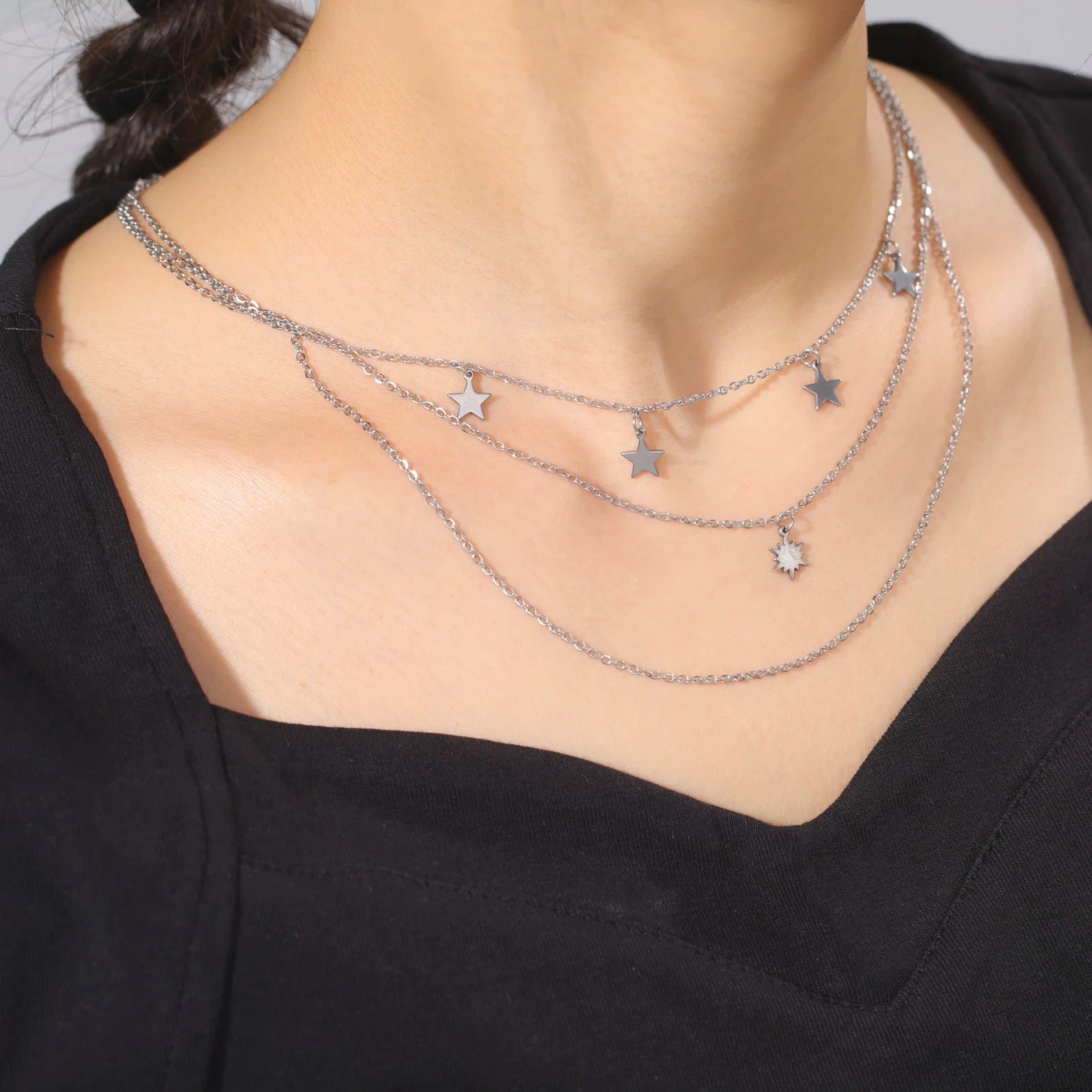 Star Pendant Necklace for Women Silver Color Stainless Steel Three Layer Chain Collars Elegant Fashion Jewelry Accessories