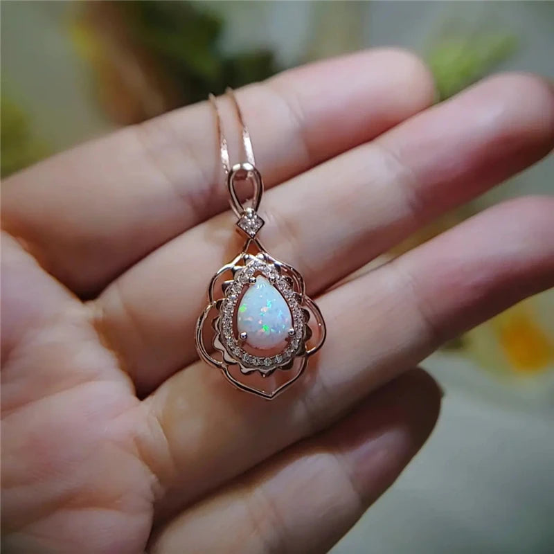 Fashion Big Water Drop White Opal Pendant Necklace for Women Luxury Rose Gold Color Crystal Flower Necklace Jewelry Dropshipping