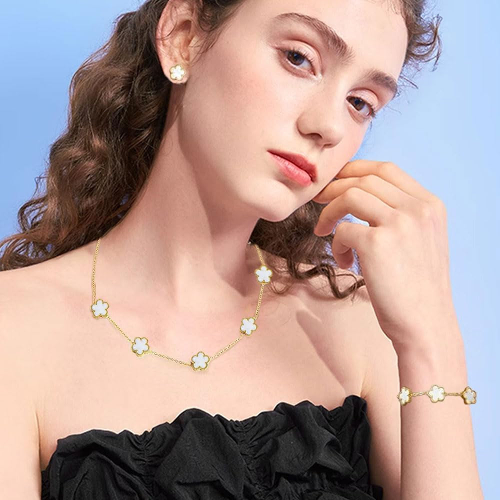 Collana Quadrifoglio Parure Gioieili Fortunato Quattro Foglie Placcato Orecchini Bracciali 18K Oro Acciaio Inossidabile Con Fiore per Donna Ragazze