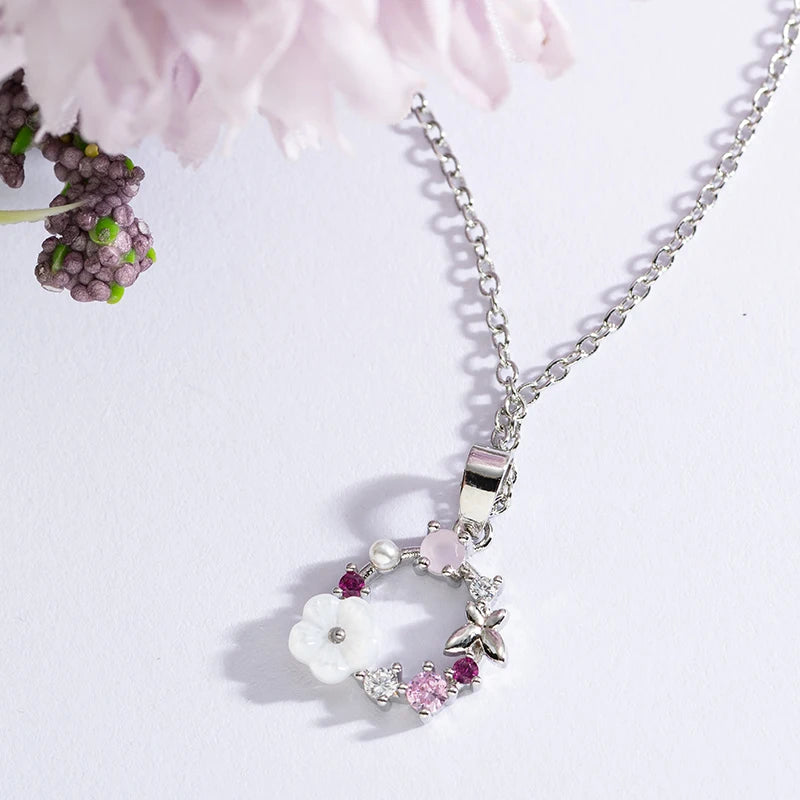 925 Sterling Silver Cute Flower Statement Pendant Necklace for Women Girls Valentines Day Gift Fashion Jewelry