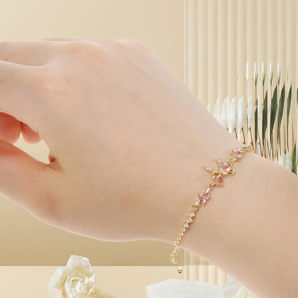 Bracciale Fiocco Di Zircone Amicizia, Braccialetto Con Fiocco, Elegante Bracciale Da Donna, Elegante Cuore E Fiocco Bracciali Catena a Mano Regolabile, Donna Catena Da Polso Moda