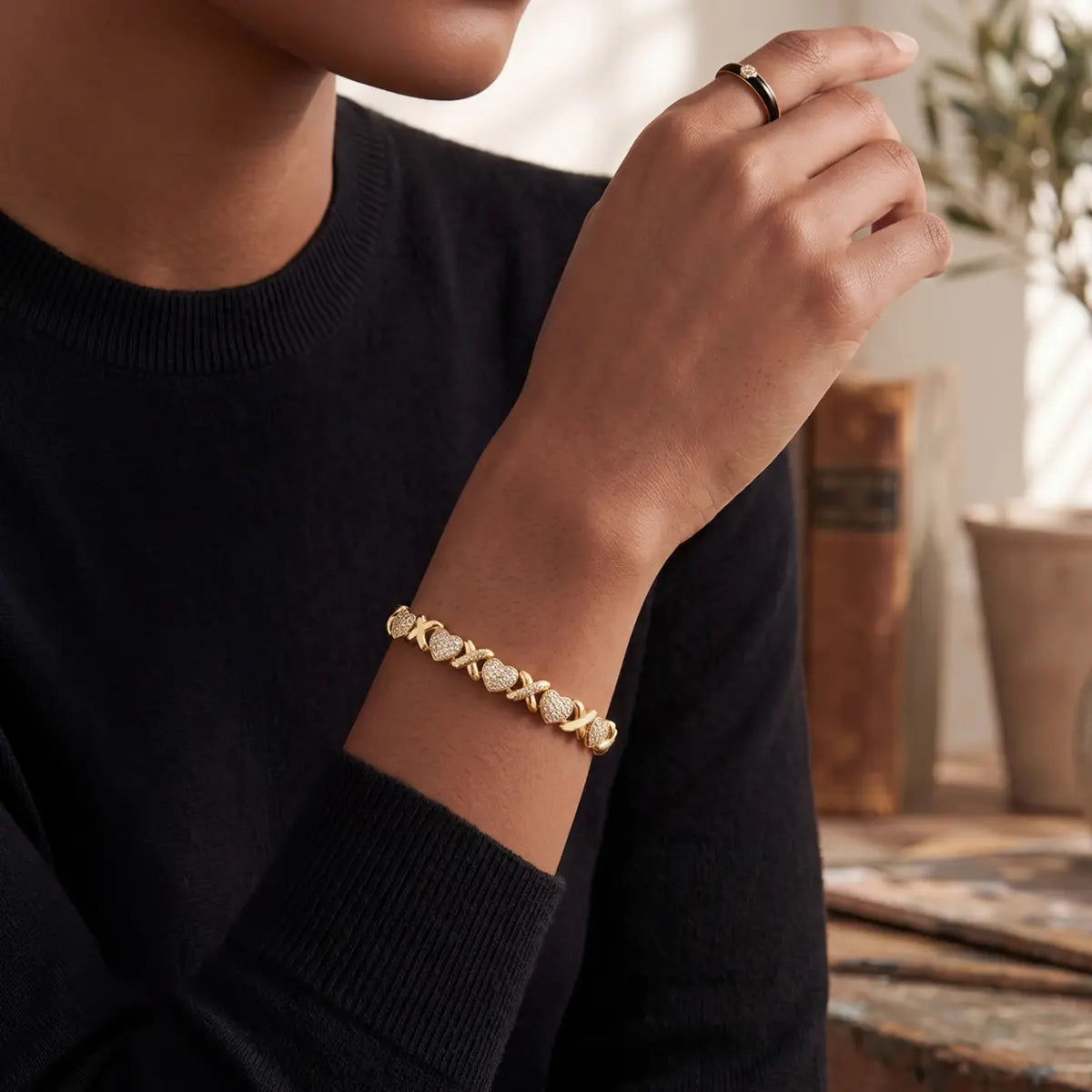 Gold Heart Link Bracelet – Adjustable Dainty Chain with Sparkling CZ Diamonds, Elegant XO Love Design, Perfect Gift for Girlfriend, Wife, Birthday, Valentine’S Day & Anniversary