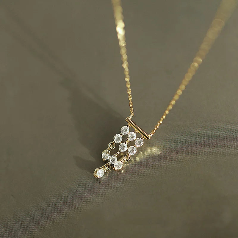 French Luxury S925 Sterling Silver Plated 14K Gold Necklace Gorgeous Vintage Tassel Zircon Pendant Necklace for Women Jewelry