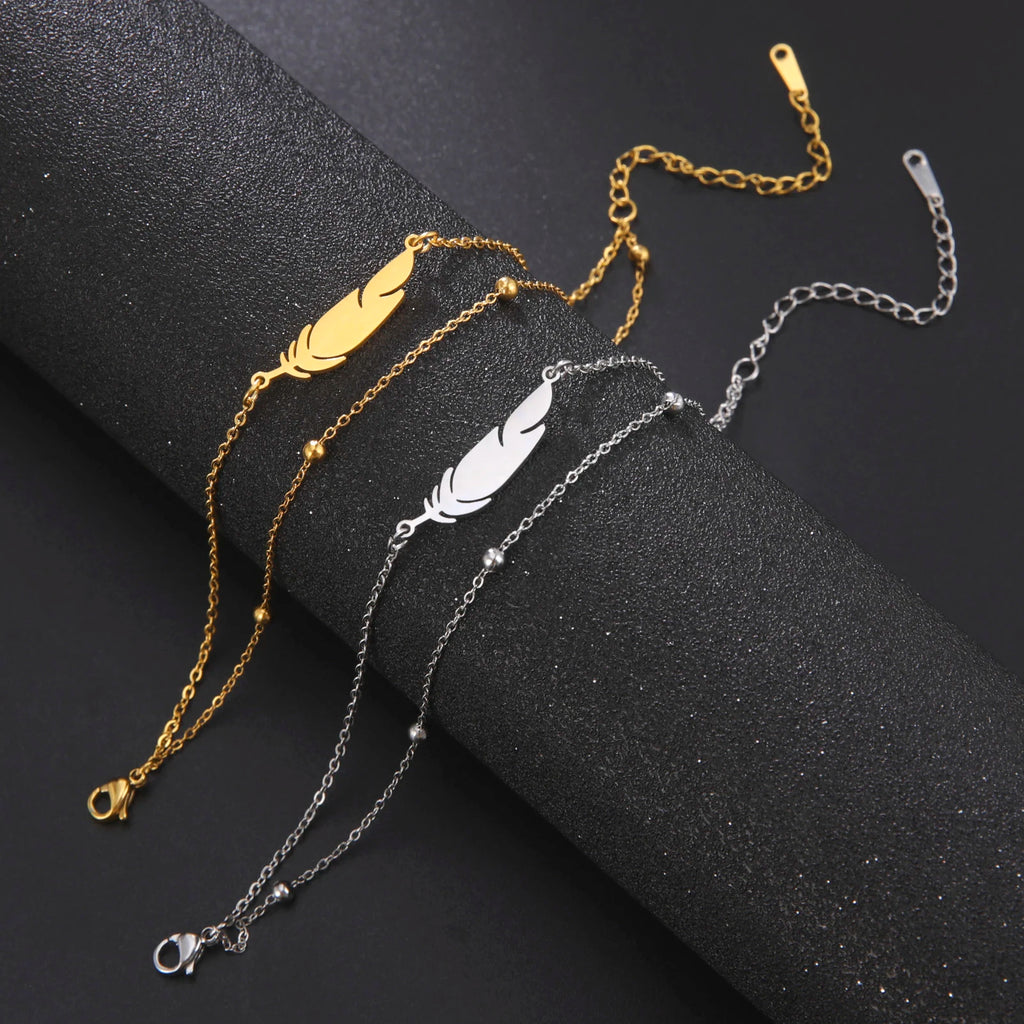 Stainless Steel Women Bracelet a Feather Pendant Double Layer Bead Chain 2022 New Trend Jewelry Birthday Gift