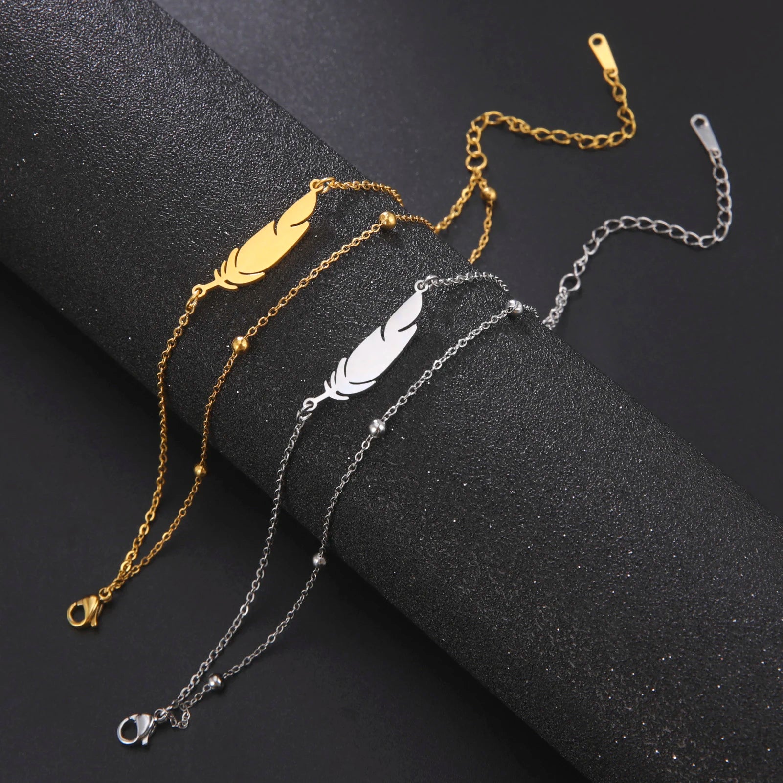 Stainless Steel Women Bracelet a Feather Pendant Double Layer Bead Chain 2022 New Trend Jewelry Birthday Gift
