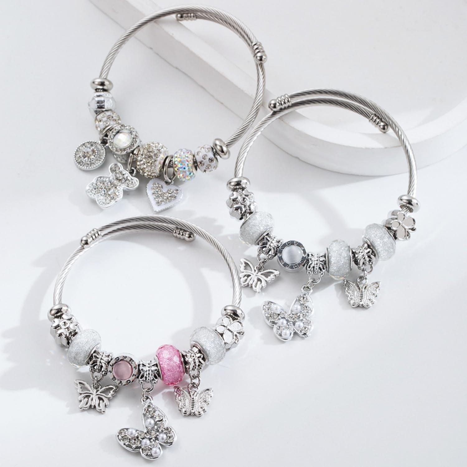 Bracciale Regolabile Ragazza in Acciaio Inossidabile Con Ciondoli Cuore E Orsetto, Braccialetto Donna Acciaio Con Perline Di Cristallo, Gioielli Charms E Bracciale Amico, Regalo Elegante per Ragazze
