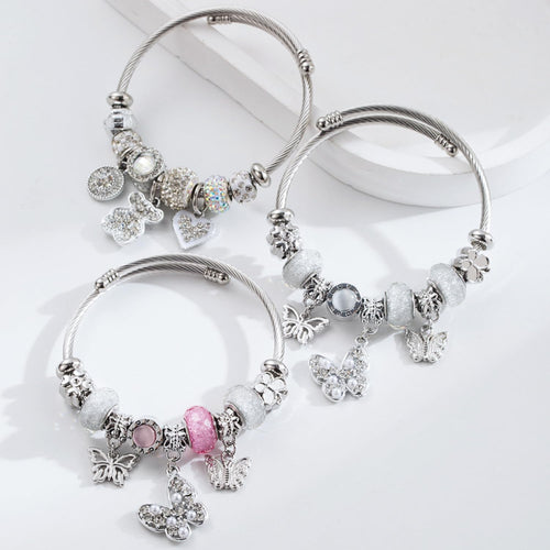 Bracciale Regolabile Ragazza in Acciaio Inossidabile Con Ciondoli Cuore E Orsetto, Braccialetto Donna Acciaio Con Perline Di Cristallo, Gioielli Charms E Bracciale Amico, Regalo Elegante per Ragazze