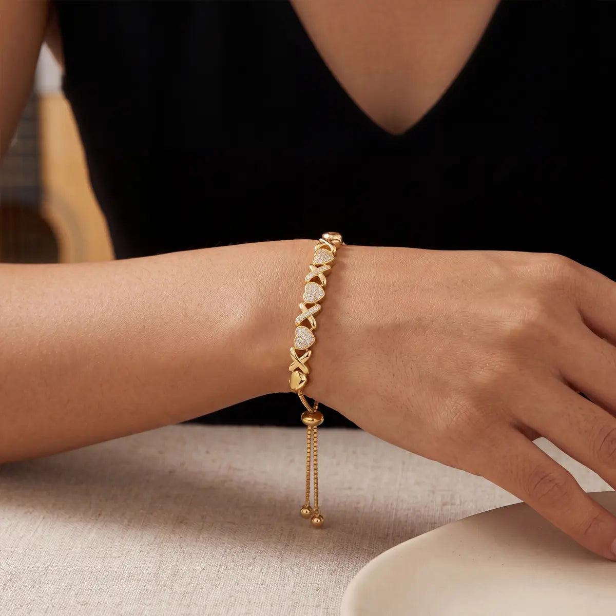Gold Heart Link Bracelet – Adjustable Dainty Chain with Sparkling CZ Diamonds, Elegant XO Love Design, Perfect Gift for Girlfriend, Wife, Birthday, Valentine’S Day & Anniversary