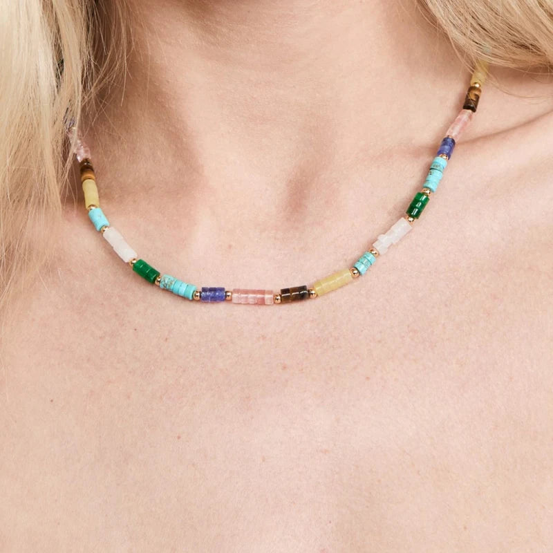 Creative Design Natural Stone Necklace Short Necklace Retro Ethnic Pink Green Black Red Natural Stone Pendant Women Jewelry