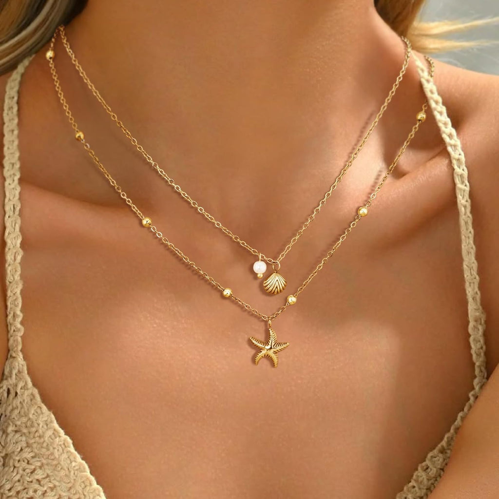 Collana Donna Doppio Strato Con Conchiglia, Stella Marina E Perla - Placcato Oro 14K Regolabile in Acciaio Inossidabile, Estiva Boho Chic Resistente All’Acqua