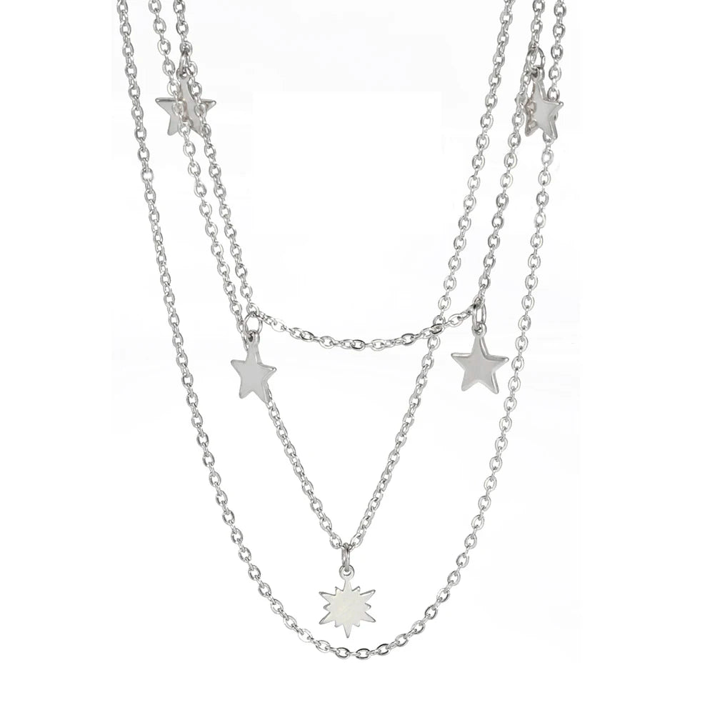 Star Pendant Necklace for Women Silver Color Stainless Steel Three Layer Chain Collars Elegant Fashion Jewelry Accessories
