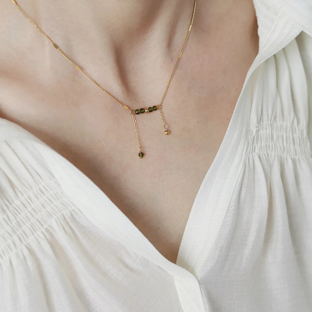 Stainless Steel Plated 18K Gold Olive Green Beads Tassel Pendant Necklace Women Fashion Personality Party Jewelry