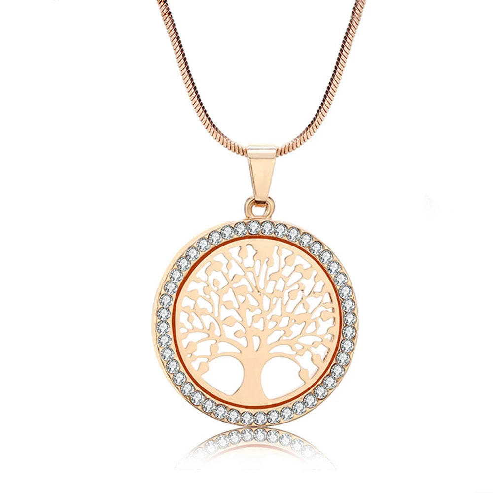 Fashion round Hollow Tree of Life Pendant Necklace for Women Luxury Gold Color White Crystal Necklace Women Wedding Jewelry