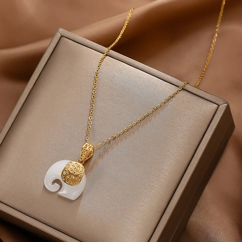 Stainless Steel 2 Color Jade Elephant Pendant Necklace for Women Chain 2021 Trend Blessing Ethnic Gift Fashion Jewelry