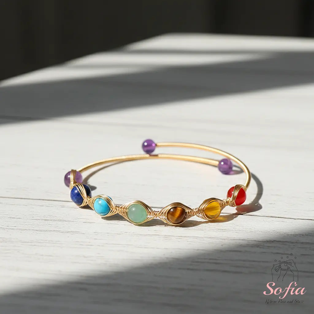 Chakra Bracelet - 14K Gold Plated Wire Wrapped Bangle - Crystal Bracelets Boho Style Jewelry Adjustable, Mother'S Day Gift