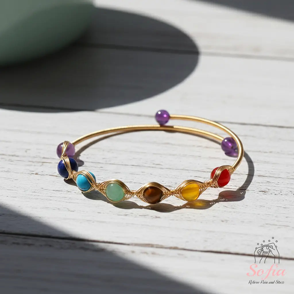 Chakra Bracelet - 14K Gold Plated Wire Wrapped Bangle - Crystal Bracelets Boho Style Jewelry Adjustable, Mother'S Day Gift