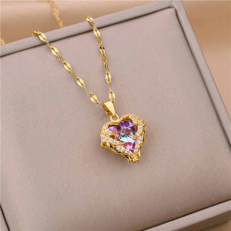New in Light Luxury Zircon Crystal Stainless Steel Necklaces for Women Korean Fashion Sweet Sexy Female Clavicle Chain Jewelry