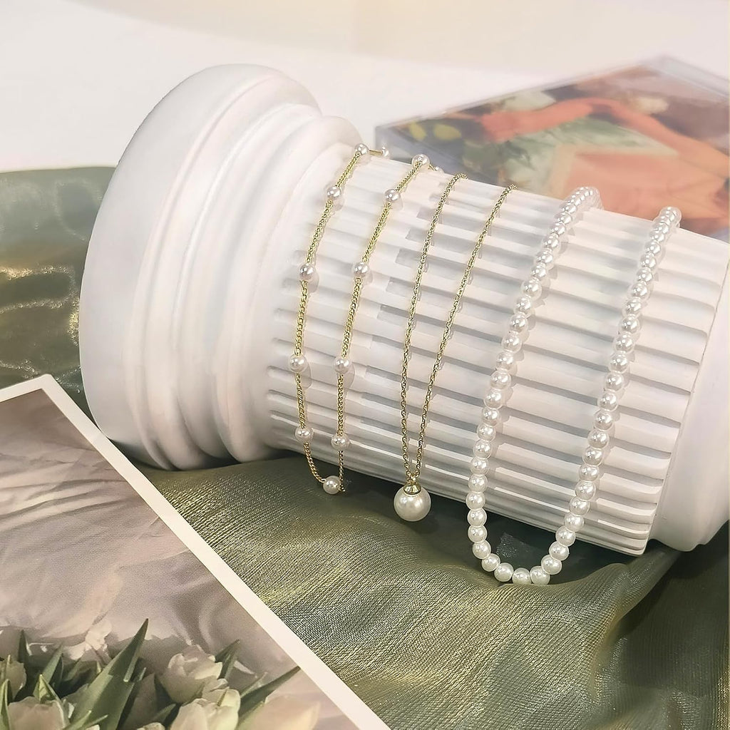 - Set Di Gioielli Con Collana Di Perle Placcata in Oro 14 Carati per Donna - Collana Multistrato Di Perle - Parure Di Gioielli Alla Moda in Oro per Matrimonio - Regalo per Donna