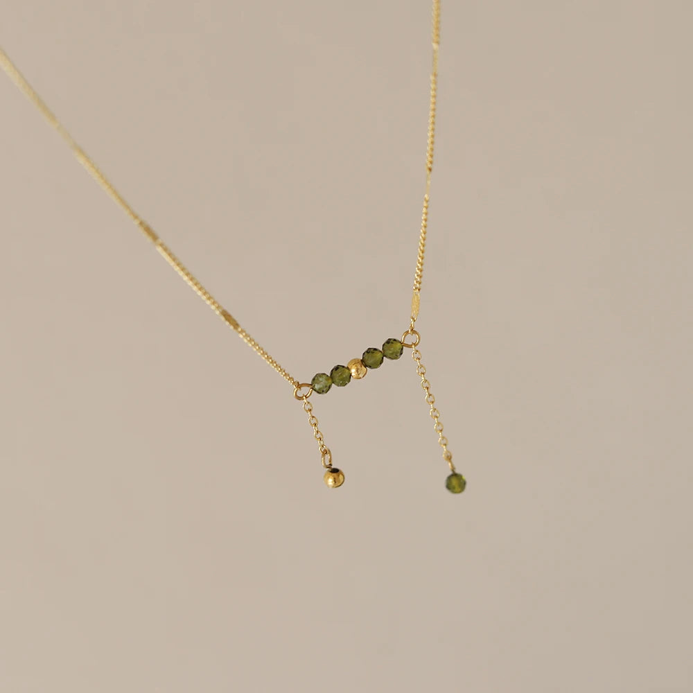 Stainless Steel Plated 18K Gold Olive Green Beads Tassel Pendant Necklace Women Fashion Personality Party Jewelry
