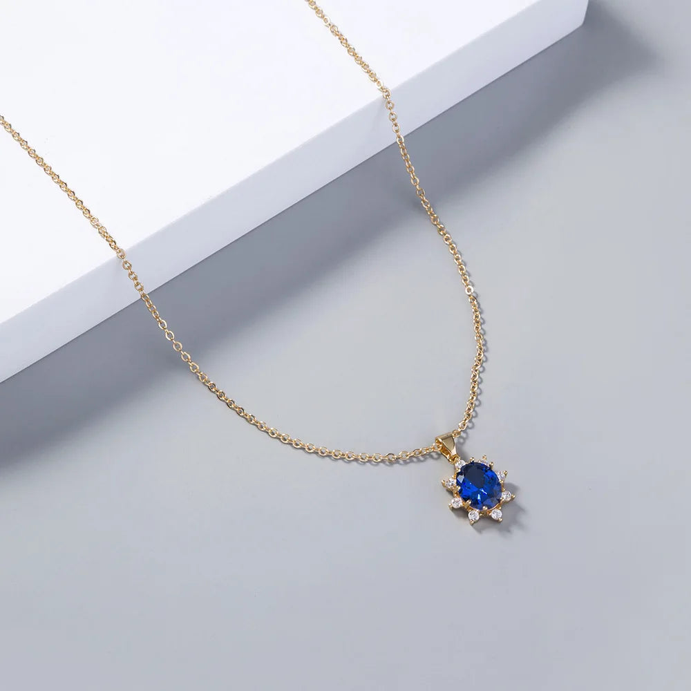 Simple Fresh Blue Red Crystal Stone Sun Flower Pendant Necklace for Women Female Fashion Clavicle Chain Jewelry Girl Party Gift