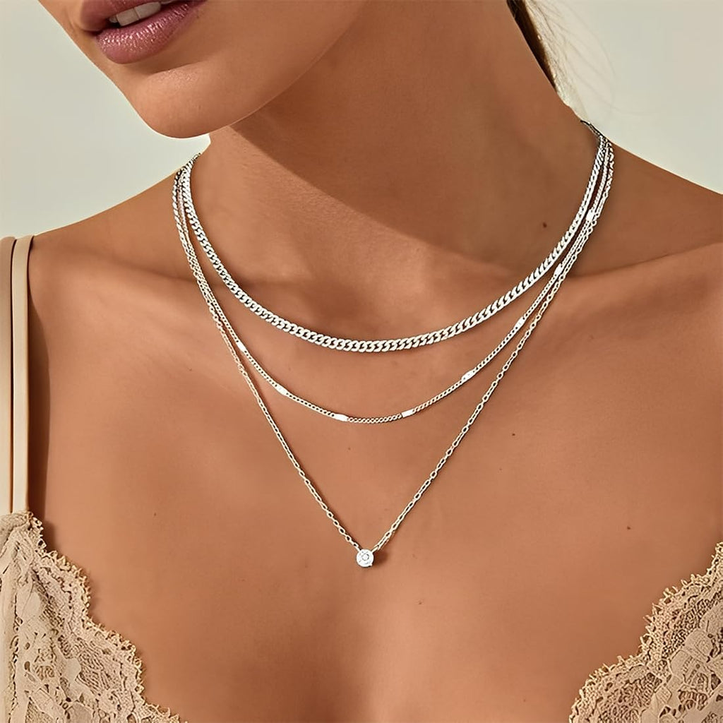 Collana Argento Donna, 3 Pezzi Collana Layered Con Cristallo Solitario Brillante, Collana Delicata Boho, Choker Sottile in Argento Con Pendente Zircone Punto Rotondo per Donne E Ragazze