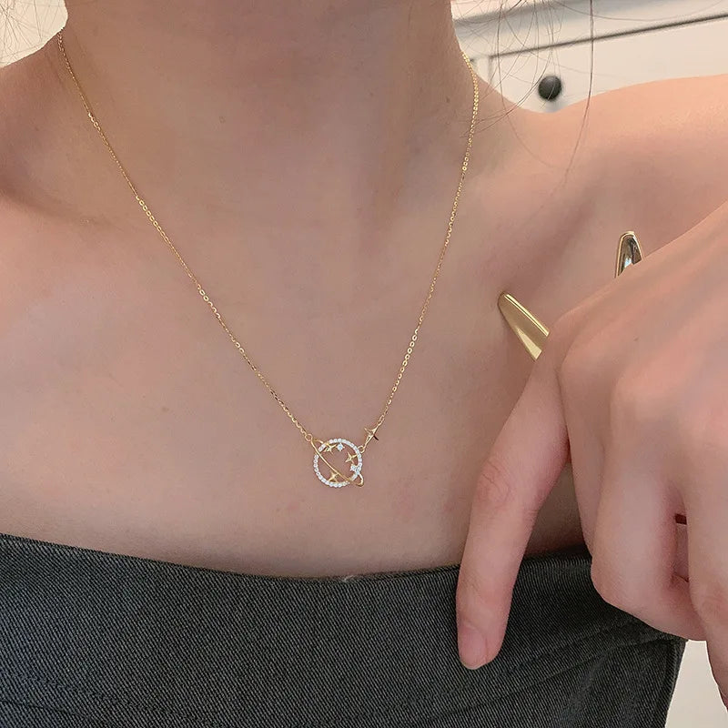 925 Sterling Silver Simple Diamond Gold Planet Pendant Necklace Women Fashion Wedding Party Jewelry Accessories