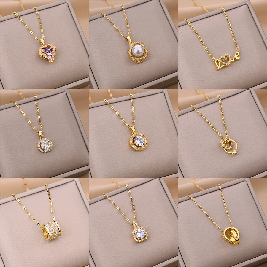 New in Light Luxury Zircon Crystal Stainless Steel Necklaces for Women Korean Fashion Sweet Sexy Female Clavicle Chain Jewelry