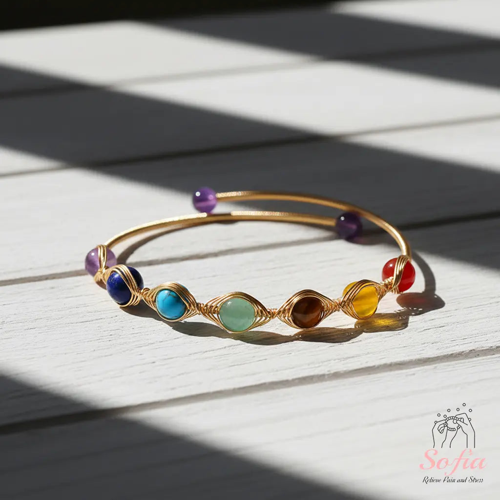 Chakra Bracelet - 14K Gold Plated Wire Wrapped Bangle - Crystal Bracelets Boho Style Jewelry Adjustable, Mother'S Day Gift
