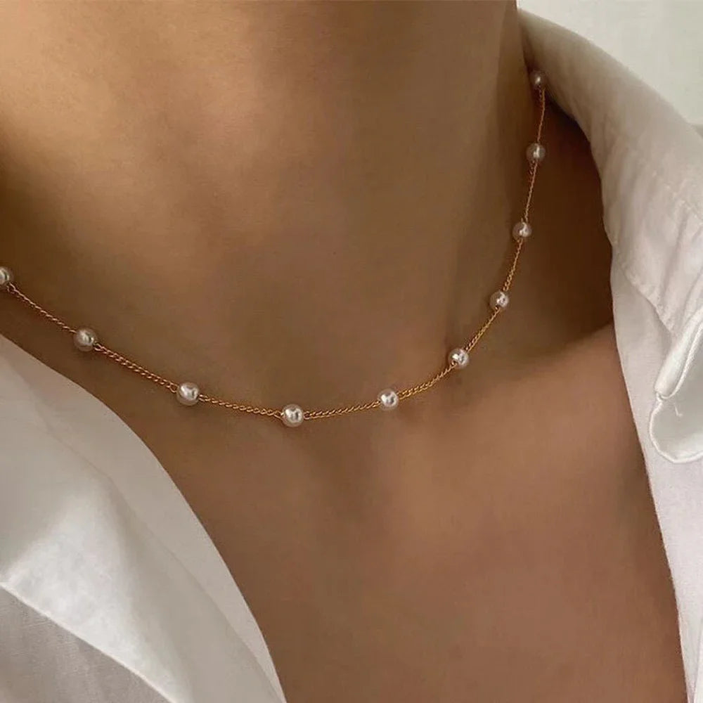 2024 New Fashion Kpop Pearl Choker Necklace Cute Double Layer Chain Pendant for Women Jewelry Girl Gift