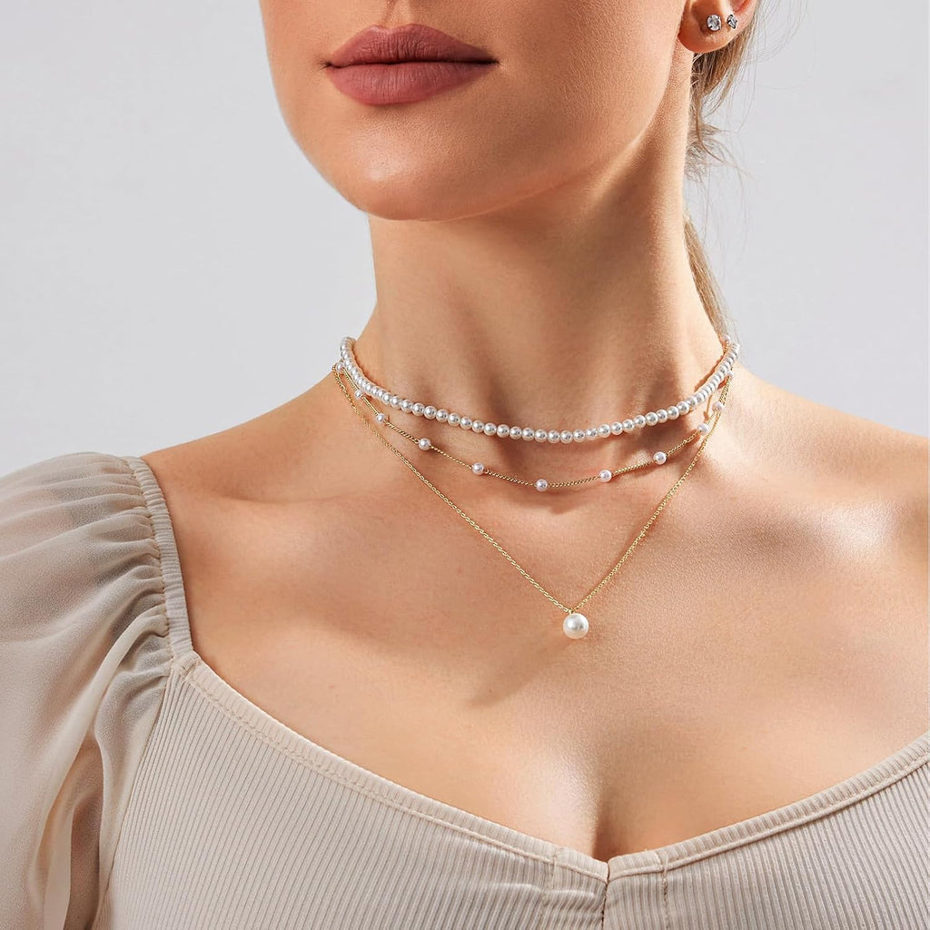 - Set Di Gioielli Con Collana Di Perle Placcata in Oro 14 Carati per Donna - Collana Multistrato Di Perle - Parure Di Gioielli Alla Moda in Oro per Matrimonio - Regalo per Donna