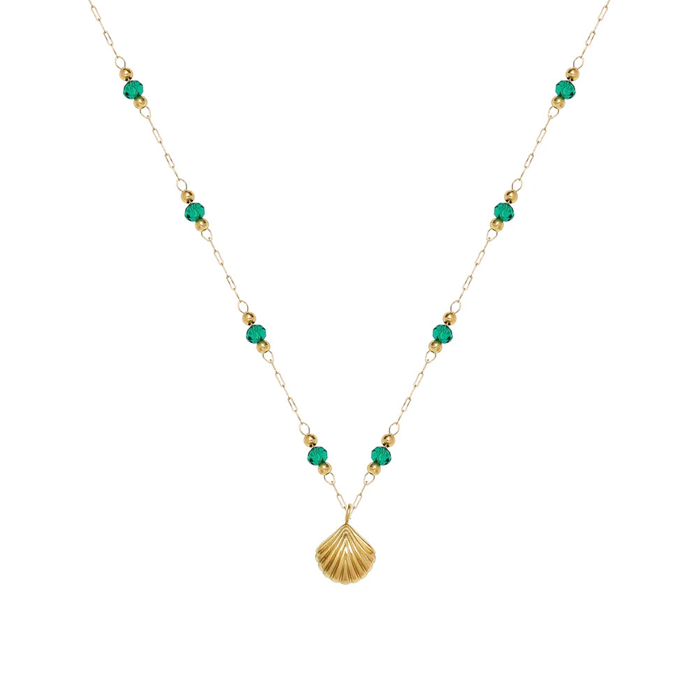 Stainless Steel Plated 18K Gold Handmade Chain Green Bead Shell Necklace Clavicle Chain for Women Classic Vintage Party Jewelry
