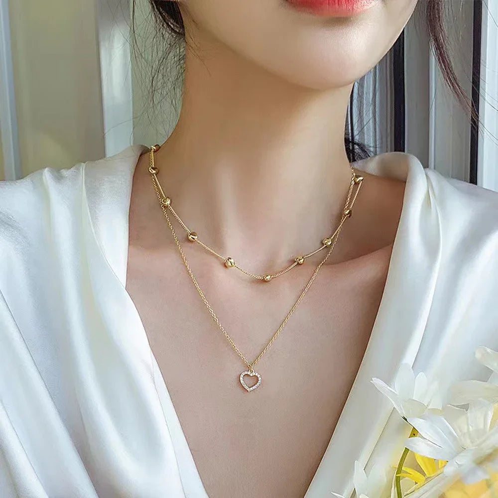 2024 New Fashion Kpop Pearl Choker Necklace Cute Double Layer Chain Pendant for Women Jewelry Girl Gift