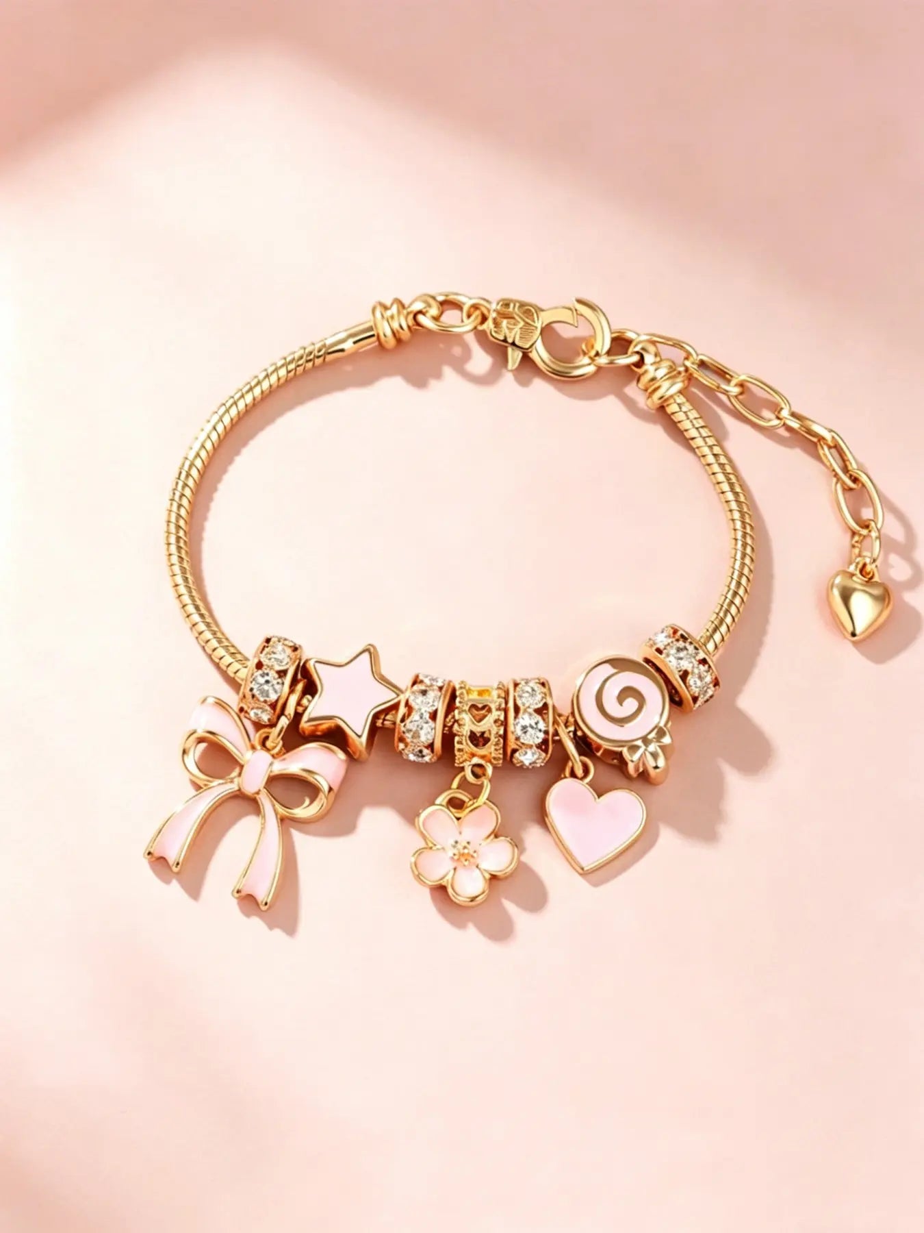 Cute Bow & Heart & Flower Design Charm Bracelet, Rhinestone Decorated Bracelet for Women & Girls, Trendy All-Match & Exquisite Jewelry for Birthday Gift, Rhinestone Decorated Bangle