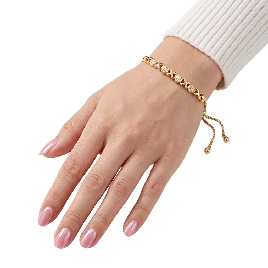 Gold Heart Link Bracelet – Adjustable Dainty Chain with Sparkling CZ Diamonds, Elegant XO Love Design, Perfect Gift for Girlfriend, Wife, Birthday, Valentine’S Day & Anniversary