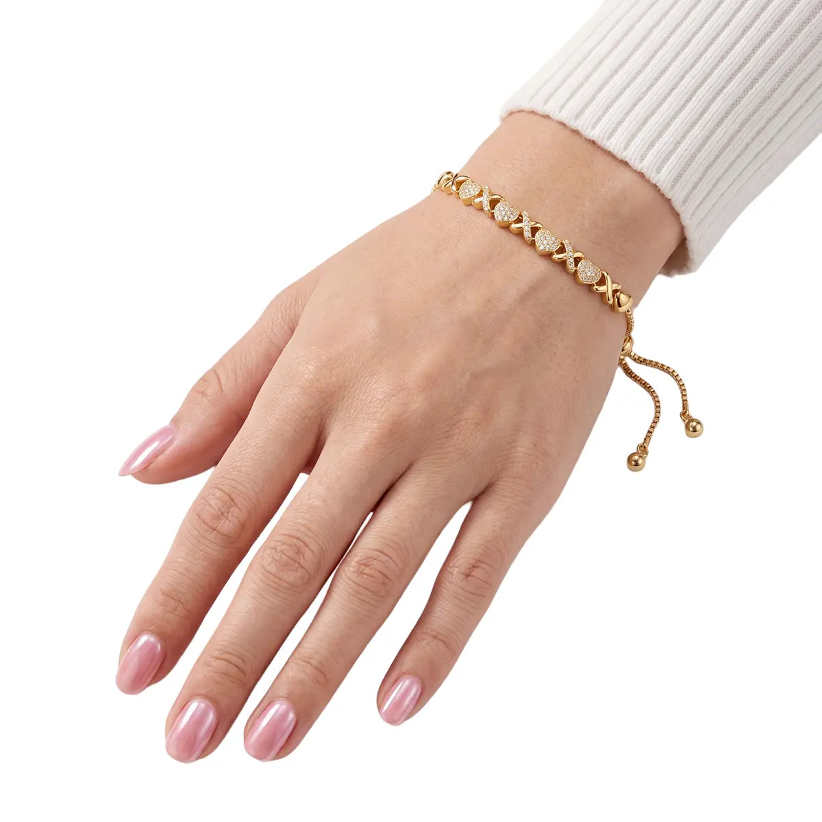 Gold Heart Link Bracelet – Adjustable Dainty Chain with Sparkling CZ Diamonds, Elegant XO Love Design, Perfect Gift for Girlfriend, Wife, Birthday, Valentine’S Day & Anniversary