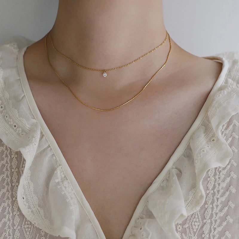 Minimalist Stainless Steel Layering Flash Chain Necklaces for Women Stylish round Pendant Necklaces Waterproof Jewelry Gift
