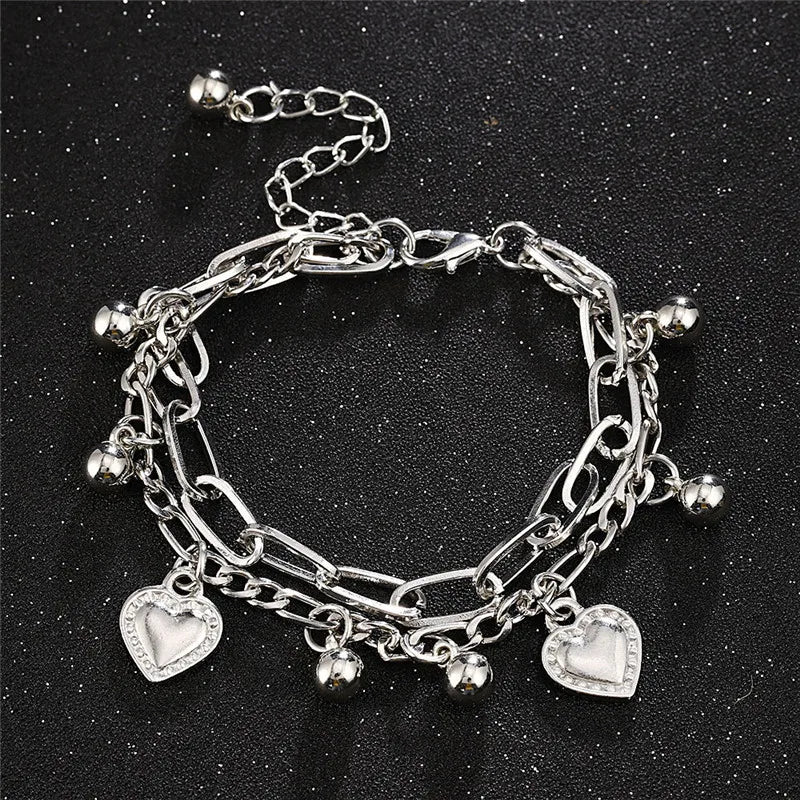 Bohemia Silver Color Heart Beads Bracelets for Women Fashion Multilayer Chain Bracelets Set Charm Bracelet Bangles Jewelry Punk