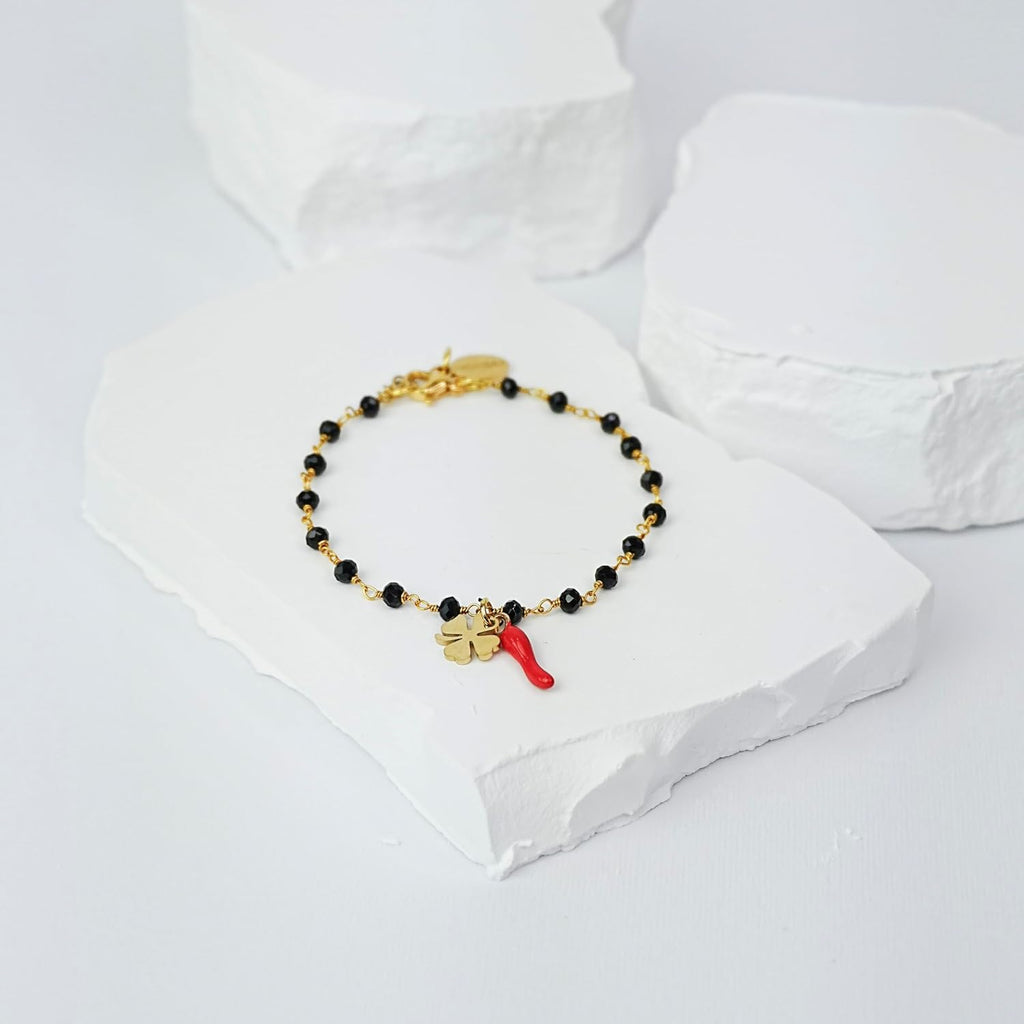 Bracciale Donna Oro O Argento - Gioiello Con Ciondolo Portafortuna Cornetto Rosso E Quadrifoglio in Acciaio Inossidabile - Realizzato a Mano Regolabile Da 16 a 22 Cm - Made in Italy