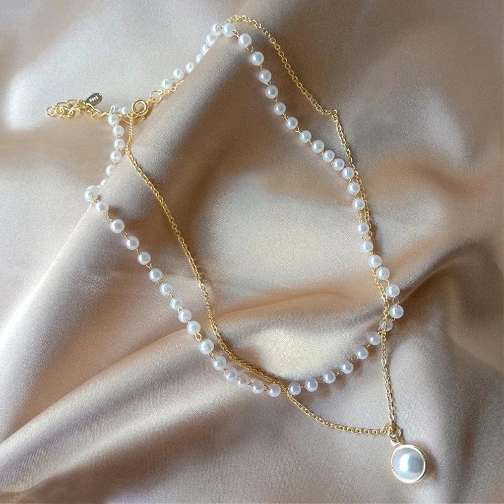 2024 New Fashion Kpop Pearl Choker Necklace Cute Double Layer Chain Pendant for Women Jewelry Girl Gift