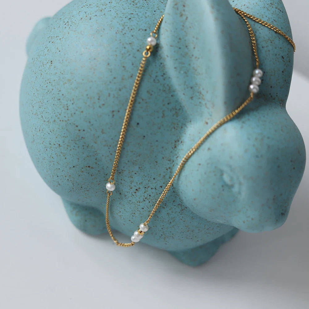 Stainless Steel Plated 18K Gold Handmade Natural Freshwater Pearls Necklace Clavicle Chain for Women Simple Gift Jewelry