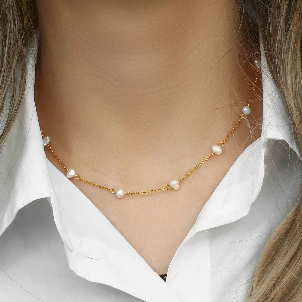 Elegant Baroque Freshwater Pearl Beaded Necklaces Romantic 18K Gold Plated Stainless Steel Chain Necklace for Women Wedding